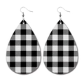 Detailed view of teardrop PU leather earrings featuring classic black and white buffalo plaid - 8-Black White Buffalo Plaid Teardrop