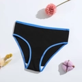 Women's black ribbed cotton high waist briefs with blue trim on white background - Royal Blue