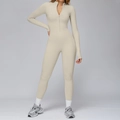 Sleek beige thermal yoga bodysuit with high neck zipper and slimming stretch fit - S / Light Grey Apricot