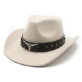 Detail of beige felt western hat with leather band and silver bull head ornament - M (56-58cm) / Beige