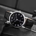 Minimalist quartz men's watch with black leather strap and silver Roman numeral dial - Black Dial Black Strap with Roman Numerals