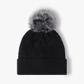 Gorro de punto negro para mujer con pompón de pelo sintético gris y doblez - Negro