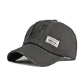 Distressed dark grey baseball cap with camouflage stripe and vintage patch detail - Gray