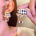 Golden hot air balloon earrings with black and white checkerboard enamel and zircon accents - Alloy KC Gold (9725)