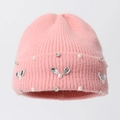 Berretto in maglia rosa con accenti di perle e decorazione a farfalla di cristallo - Taglia unica / Rosa