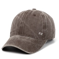 Close-up of RK side embroidery on vintage washed cotton baseball cap in dark brown color - Adjustable / Coffee
