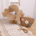 Ensemble chapeau de paille et sac assorti avec bords ondulés et détails de fleurs - Chapeau Kaki + Sac