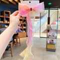Pink and yellow gradient mesh bow hair clip with crystal and long flowing ribbons - Red Gem Streamer Hair Clip (A190-15)