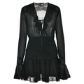Robe courte noire élégante en mousseline avec col en V profond, volants et manches longues - S / Noir