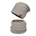Winter khaki knitted hat and neck warmer set with warm faux fur lining for outdoor use - Beige