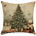 Vintage Christmas throw pillow case with retro teddy bear and festive tree design - YMD511-22 (Teddy Bear & Xmas Tree)