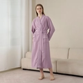 Long lavender waffle knit bathrobe with white piping and waist tie for spa comfort - Sandalwood Purple [Women]