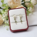 Elegant white floral earrings with green leaves and pearls in a red luxury box - E3630-3-Enamel Petal Green Leaf Drop