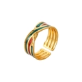 Adjustable golden stainless steel ring with green and red enamel stripe details - Red Green Twill Streamline (J552-1)