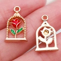 Golden bell jar rose charms with red enamel details for DIY jewelry making - Red Rectangular Rose (12297)
