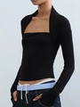 Slim fit black long sleeve top with square neck and layered design for women - XS / Black