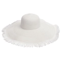 Macro shot of wide brim white straw sun hat featuring detailed fringe edge and woven texture - One Size / Raw Edge Style / 48cm Fringe Milky White
