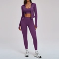 Ensemble de yoga violet 3 pièces avec veste à capuche, brassière et legging taille haute - S / Veste + Soutien-gorge-2 + Leggings (3 pcs) - Pourpre Foncé