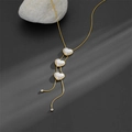 Elegant gold snake chain necklace featuring triple pearl heart pendants and long tassels - Gold (C610)
