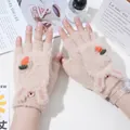 Beige faux rabbit fur convertible mittens with cute rabbit and carrot embroidery - One Size / Beige (Large Carrot)