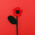 Handmade crochet red flower branch with green leaf on red background for Christmas - Puff Flower Stem - Red Flower Dark Green Leaf