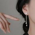 Silver star flower tassel earrings with long snake chains and elegant white pearls - White Rose Tassel Ear Threader