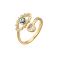 Verstellbarer Ring in Gold mit blauem Evil Eye-Element und herzförmigem Zirkonia - Einstellbar Offen / Herz Böser Blick (13065)