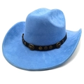 Sky blue suede cowboy hat detail featuring black leather band and retro bull head badge - M (56-58cm) / Haze Blue