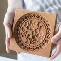 Rectangular beech wood cookie mold featuring intricate floral engraving and natural grain - Flower