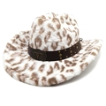 Faux fur leopard print cowboy hat with studded leather band and vintage bull buckle - M (56-58cm) / Straight Top / White