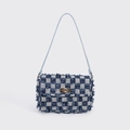 Blue and white checkerboard denim bucket bag with frayed edges and golden metal lock - Shoulder Bag with Twist Lock / Dark Blue Grid
