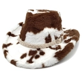 Close-up of plush cow print cowboy hat with woven rope trim and metal buckle detail - Heart Crown Coffee