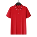 Men's red short sleeve polo shirt with breathable mesh fabric and blue-white striped collar - Red