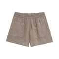 Vista posteriore di pantaloncini in lino tortora con elastico in vita e tasche a bottone - XS / Shorts / Marrone