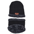 Winter knitted hat and neck warmer set with warm grey fleece lining in black - Black Beanie Hat Scarf Set