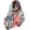 Plaid scarf in soft pink, blue, and grey wool blend with fringe on white background - 180cm / Pink & Green