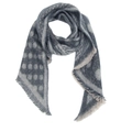 Macro detail of thick knit grey scarf featuring dark geometric patterns and tassel fringe - Dot Black Grey