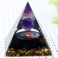 Amethyst crystal pyramid ornament with tree of life and gold foil in clear resin - 8cm