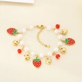 Stainless steel beaded bracelet featuring white pearls and red enamel strawberry charms - Strawberry Pearl Beaded Style (KB206889-SXSJ)