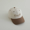 Detailed close-up of retro color-block baseball cap with Burnette NESOE gold embroidery - Coffee