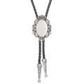 Western vintage bolo tie featuring a white oval gemstone and silver crown metal detail - White Cat's Eye Stone