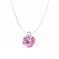Minimalist silver necklace featuring a round faceted pink crystal pendant on a clear line - Silver Round Pink Diamond Style (1249)