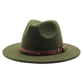 Olive green fedora hat close-up with brown leather band and metal rivets detail - Army Green