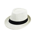 White linen Panama fedora hat with black ribbon trim and breathable woven texture - Adult Size (Approx 58cm) / Monofilament Straw-Milk White