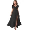 Elegant black long chiffon bridesmaid dress featuring V-neck and high-slit skirt - US size 2 (S) / Bottoms / Black