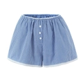 Detaillierte Nahaufnahme blau-weiß gestreifter Shorts mit weißem Spitzenbesatz und Knöpfen - S / Blaue Shorts