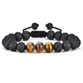 Adjustable 8mm black lava stone and tiger eye bead bracelet with woven cord - Volcanic + 3 Tiger Eye Beads