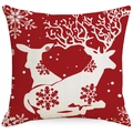 Funda de cojín navideña roja de lino con motivos de renos y copos de nieve - 45x45cm / Reno Copo de Nieve Rojo (YMD239-4)