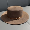 Deep brown boater straw hat with narrow leather band and golden D-buckle detail - M (56-58cm) / Coffee