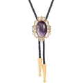 Golden crown bolo tie featuring a purple oval gemstone and black braided leather cord - 28 (Gold with Purple Stone)